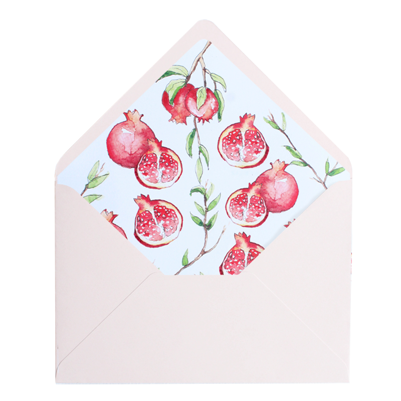 Envelope Pala em bico, rosa suave + interior romãs - 1